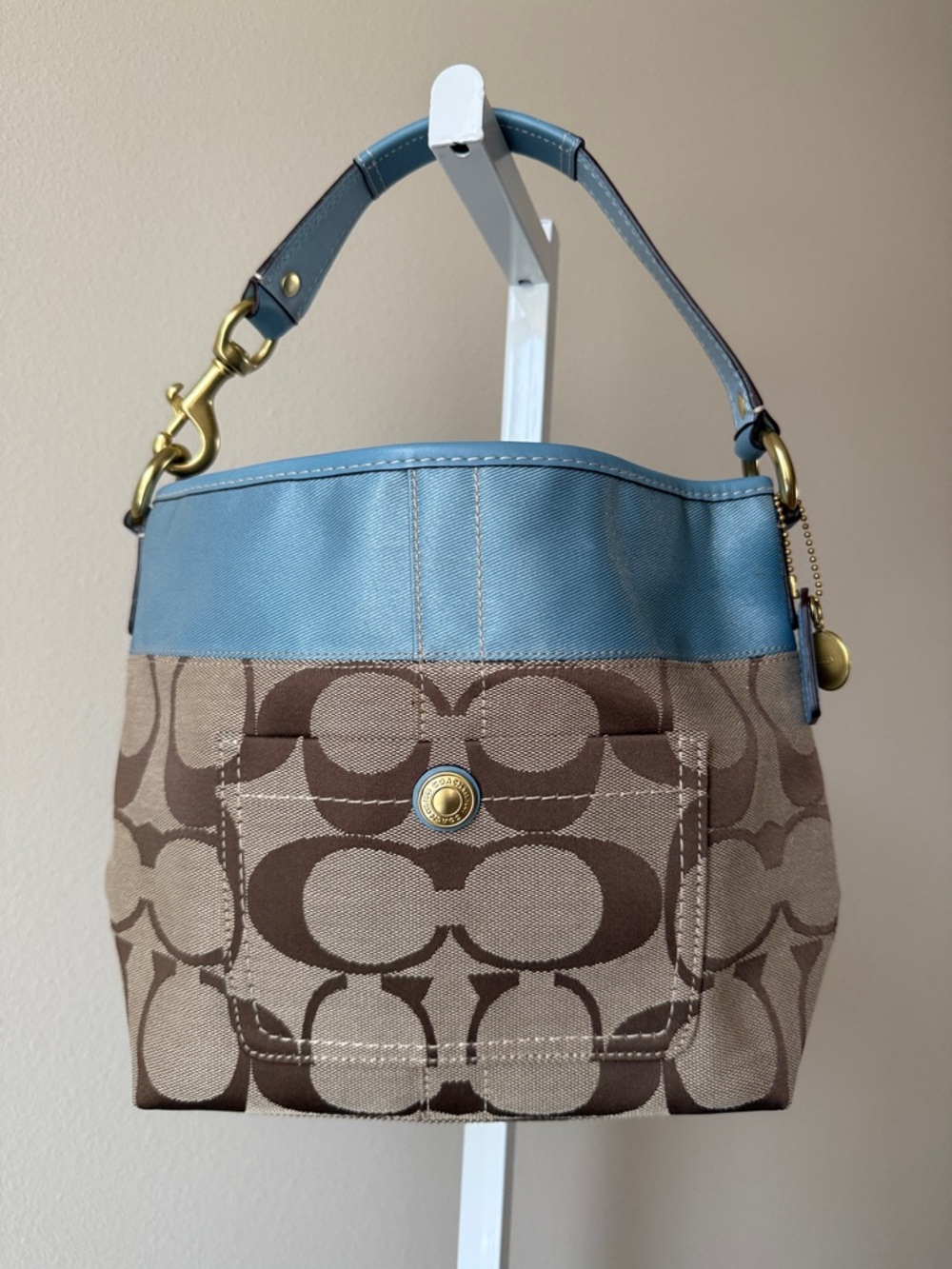 Coach Brown Signature Canvas Shoulder Bag with Blue Trim